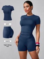 Women's Solid Ribbed Tee & High Waist Shorts Loungewear, Casual Comfy Round Neck Short Sleeve T-shirt & Skinny Shorts Pj Set,...