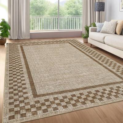 Garvee Modern Bordered 8x10 Area Rug - Soft, Washable, Non-Slip Backing - Durable Low Pile, Pet & Kid Friendly - Taupe for Li...