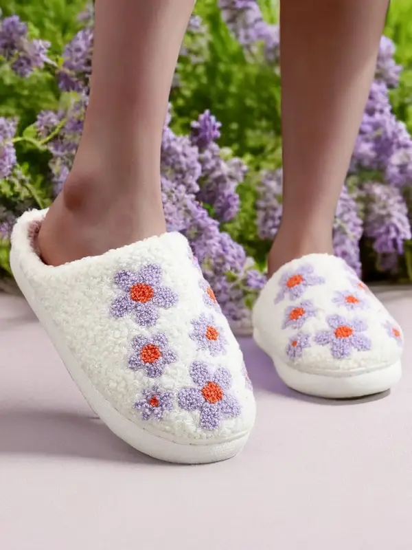 Women's Cute Floral Pattern Plush Slippers, Casual Soft Comfortable Home Slippers, Warm House Shoes for Indoor & Outdoor Use ...