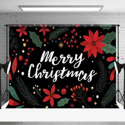 Red Floral Green Leaf Black Merry Christmas Backdrop - Aperturee