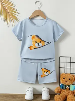 Two-Piece Set Boy's Cartoon Bear Print Short Sleeve Tee & Shorts, Casual Round Neck T-shirt & Shorts, Summer Clothes for Kids...