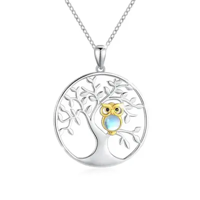 Sterling Silver Round Moonstone Owl & Tree Of Life Pendant Necklace
