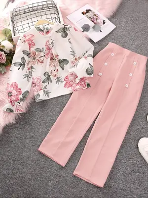 Two-Piece Set Girl's Floral Print Plicated Flounce Sleeve Blouse & Button Pants, Casual Keyhole Neck Top & Trousers for Daily...