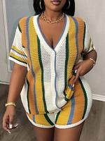 【plus Size】 Striped Print Knit Sweater Set, Casual Short Sleeve V Neck Knit Top & Shorts, Women's Summer Outfits, Outfit ...