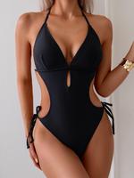 Women's Solid Cut Out Backless Halter One-piece Swimsuit, Casual Tie Back Sleeveless Swimwear for Beach Holiday Vacation, Lad...