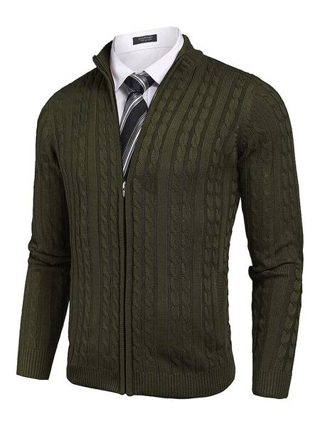 Cardigan Knitted Zip Up Sweater with Pockets (US Only), Army Green / XXXL