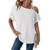 Dokotoo Womens Summer Off The Shoulder Tops for Women Waffle Knit Short Sleeve T-Shirts Casual Loose Elegant Cross Straps Lig...