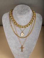 Unisex Streetwear Rhinestone Decorated Cross Round Pendant Necklace (4pcs/set), Trendy Stainless Steel Minimalist Pendant Nec...