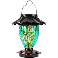 LUJII Solar Hummingbird Feeder for Outdoors, Hand Blown Glass Water Reservoir, 32 fl.oz, Never Leak, Illuminated Lantern for ...
