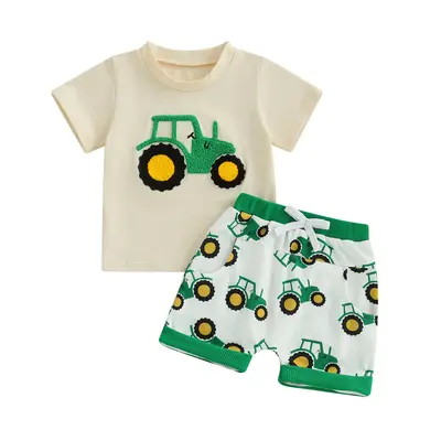 Boys Summer Shorts Sets Short Sleeve O Neck Tractor Embroidery Tops Drawstring Shorts Sets