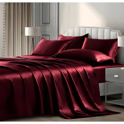 Satin Luxury Silky Bedding Sheet Set - 1 Deep Pocket Fitted Sheet + 1 Flat Sheet + 4 Pillowcases - Queen Size - Burgundy - So...