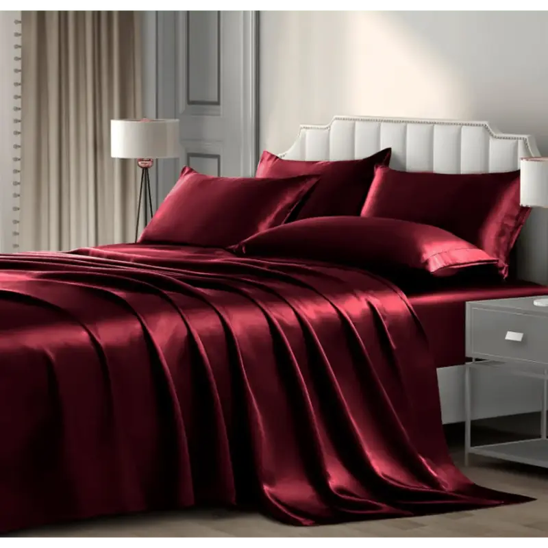 Satin Luxury Silky Bedding Sheet Set - 1 Deep Pocket Fitted Sheet + 1 Flat Sheet + 4 Pillowcases - Queen Size - Burgundy - So...