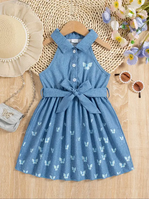 Girl's Butterfly Print Belted Tank Dress, Casual Sleeveless A Line Dress for Summer, Kids Clothes for Daily Wear,  Girl Cloth...