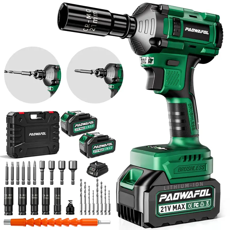 PAOWAFOL 21V Cordless Wrench, 550N.m, 4 in 1 Multi-function Tool, with 2*4.0 Ah batteries, 3 speed adjustment
