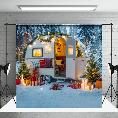 Camper Van Warm Interior Christmas Winter Backdrop - Aperturee