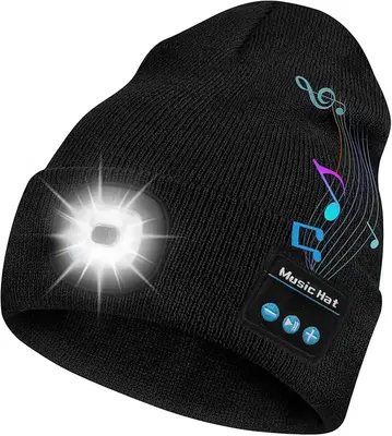 Cap With Light,USB Rechargeable LED Light Cap,Wireless Winter Warm Knitted Cap With Music Earphones For Night Walking,Fishing...