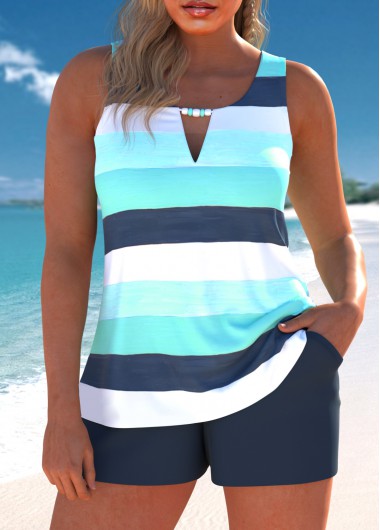 Modlily Cut Out Multi Stripe Print Cyan Tankini Set - XL
