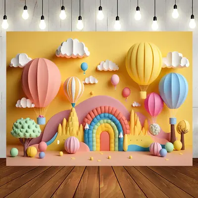 Rainbow Hot Air Balloons Cloud Birthday Backdrop - Aperturee