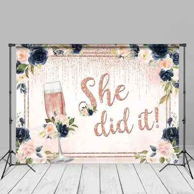 Glitter Pink Blue Floral Girl Grad Photo Backdrop - Aperturee