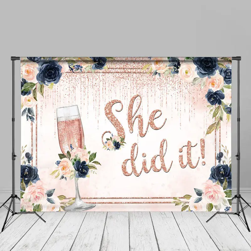 Glitter Pink Blue Floral Girl Grad Photo Backdrop - Aperturee