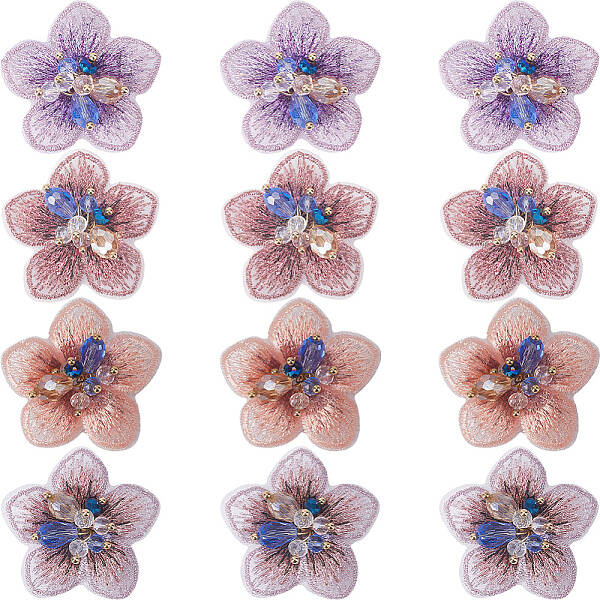 12Pcs 4 Colors 3D Flower Glass Beaded Appliques