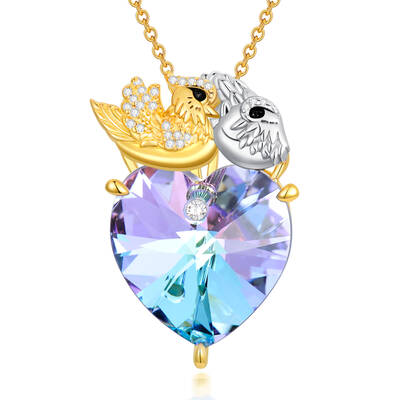 Sterling Silver Two-tone Crystal Personalized Birthstone Bird Heart Necklace for Women