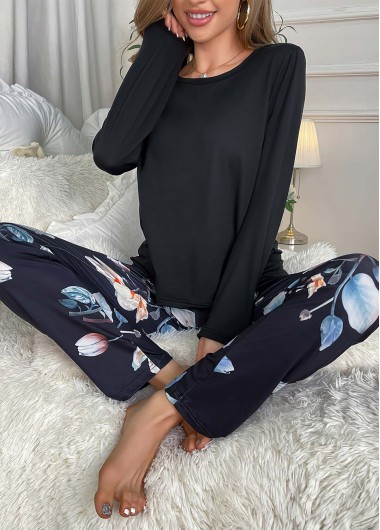 Modlily Black Floral Print Long Sleeve Lounge Top and Pants - M