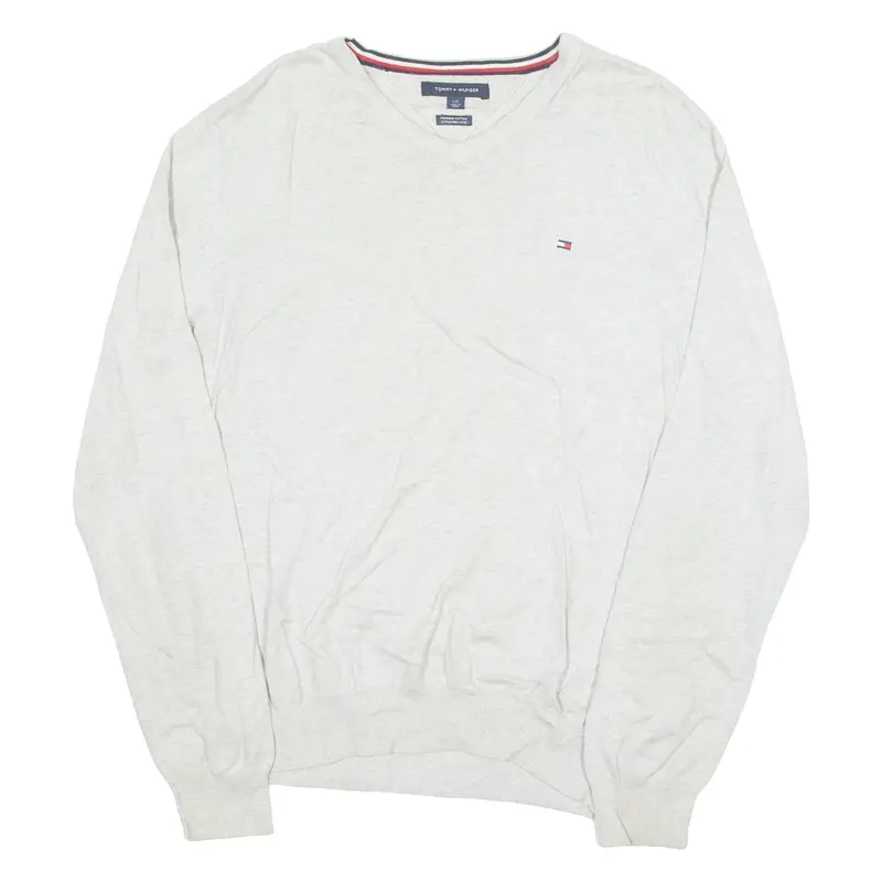 TOMMY HILFIGER Mens Jumper Grey V-Neck Tight Knit L