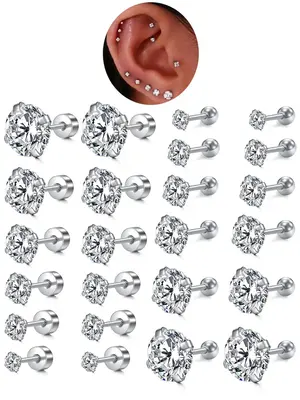 Zircon Decor Earrings Set, Stainless Steel Ear Bone Studs, Ear Cartilage Piercing Earrings, Body Piercing Jewelry for Women &...