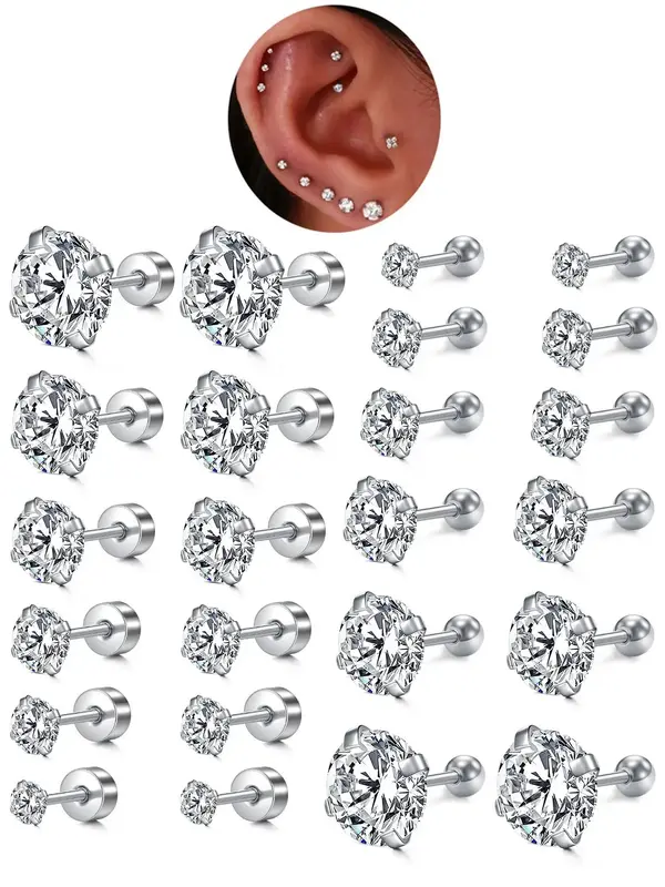 Zircon Decor Earrings Set, Stainless Steel Ear Bone Studs, Ear Cartilage Piercing Earrings, Body Piercing Jewelry for Women &...