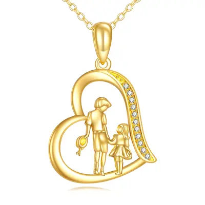 14K Gold Cubic Zirconia Brother And Sister & Heart Pendant Necklace