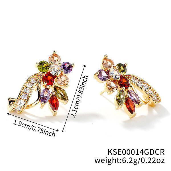 Elegant Brass Rhinestone Leaf Stud Earrings
