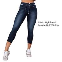 Flamingals Wash Contrast Binding Double Button Drawstring Mid Waist Capri Jeans Fit Pants High Stretch Women's Bottoms Street...