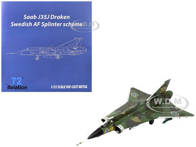 Saab J35J Draken Fighter Aircraft Splinter Camouflage Scheme, F 18 Sodertorn Wing (1972) Swedish Air Force 1/72 Diecast Mod...