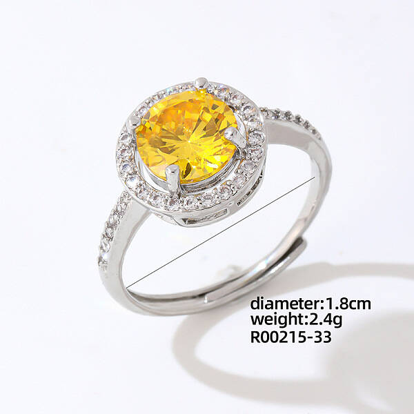 Flat Round Platinum Brass Adjustable Ring with Yellow Cubic Zirconia