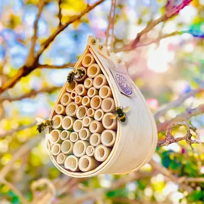 Pollinating Palace Handcrafted Eco-Friendly Wooden Hanging Bee House with Bamboo Tubes for Attracting Bees to Your Garden and...