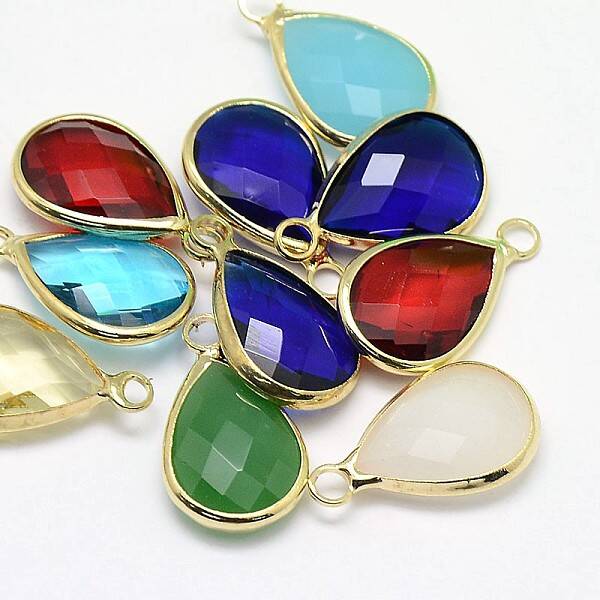 Golden Tone Brass Glass Teardrop Pendants