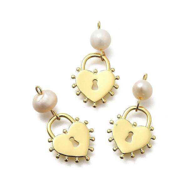 Brass & Natural Pearl Heart Lock Pendants