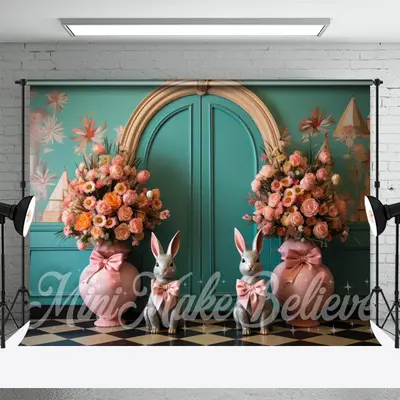 Retro Wall Pink Floral Bow Tie Bunny Easter Backdrop - Aperturee