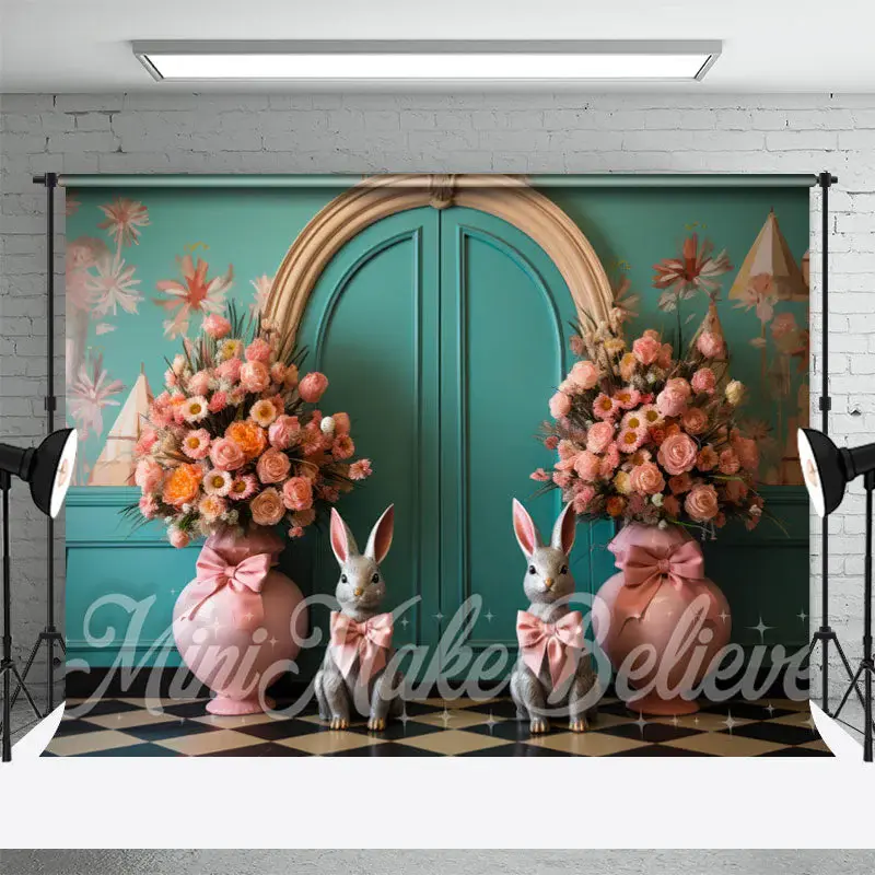 Retro Wall Pink Floral Bow Tie Bunny Easter Backdrop - Aperturee