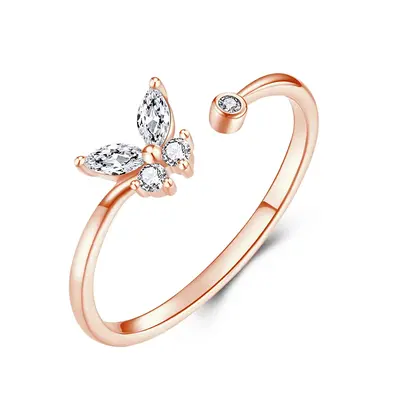 Sterling Silver with Rose Gold Plated Round Moissanite Butterfly Open Ring