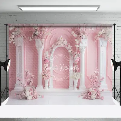 Pink Wall White Pillar Arch Floral Wedding Backdrop