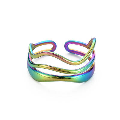 Rainbow Color 304 Stainless Steel Wave Wire Wrap Open Cuff Ring for Women
