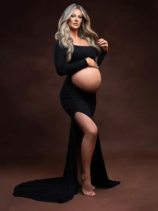 Maternity Solid Cut Out Backless Split Hem Mermaid Dress, Elegant Long Sleeve Square Neck Maxi Gown for Photoshoot Baby Showe...