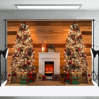 Brown Plank Wall Fireplace Christmas Tree Backdrop - Aperturee