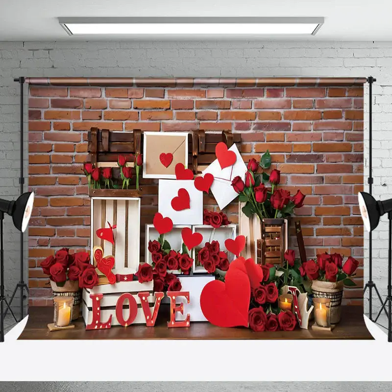 Aperturee Red Brick Wall Gift Box Rose Valentines Day Backdrop