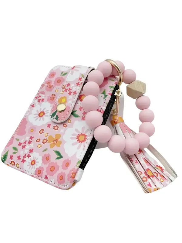 Women's Boho Style Beaded & Tassel Charms Keychain with Flower Pattern Wallet, Floral Pattern Keychain Pendant, Bag Essential...