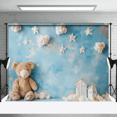 Aperturee Blue Abstract Wall Cloud Bear Cake Smash Backdrop, 3X2FT(1MX0.6M), 14 USD, birthday cake smash backdrops, NYHD1I71-...