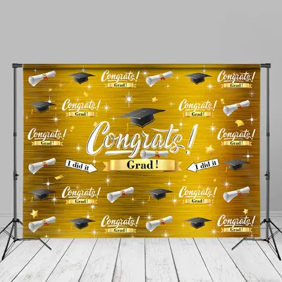 Yellow Star Mortarboard Congrats Grad Party Backdrop - Aperturee