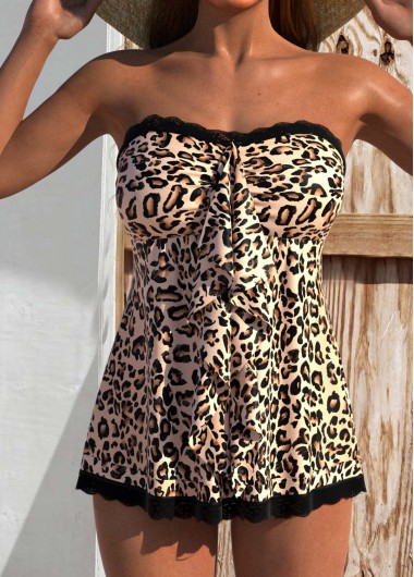 Modlily Lace Leopard Light Camel Tankini Set - S